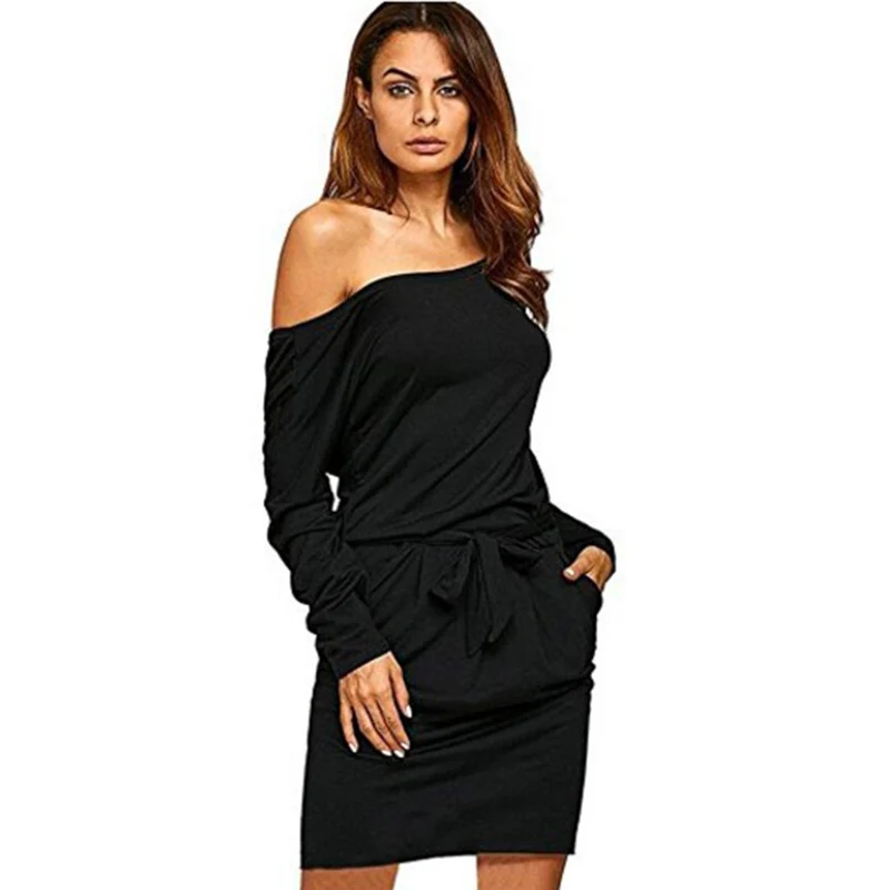 

Autumn 2022 Women Sheath With Belt Dresses Sexy Off Shoulder Women Dress Long Sleeve Strapless Slim Slash Neck Women Dress