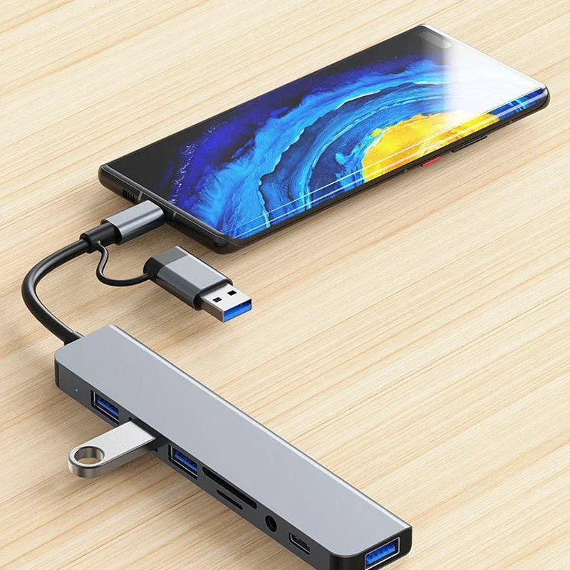 ZLRLMHY 8 в 2 USB + Type C HUB Док-станция с адаптером аудиоразъема 3 5 мм Устройство чтения