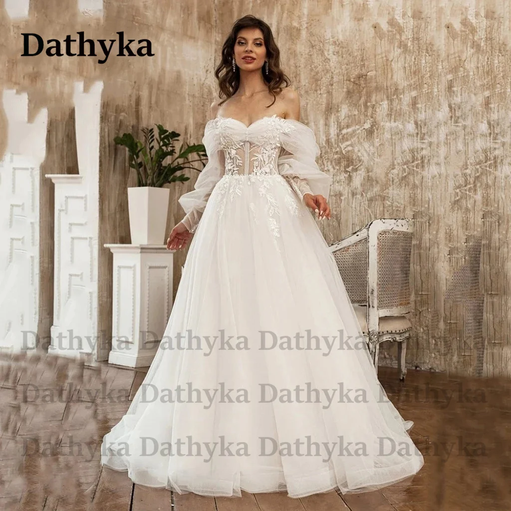 

Dathyka Full Sleeve A-Line Wedding Dresses For Mariages Strapless Tulle Backless Appliques Trendy Court Train Robe De Mariée