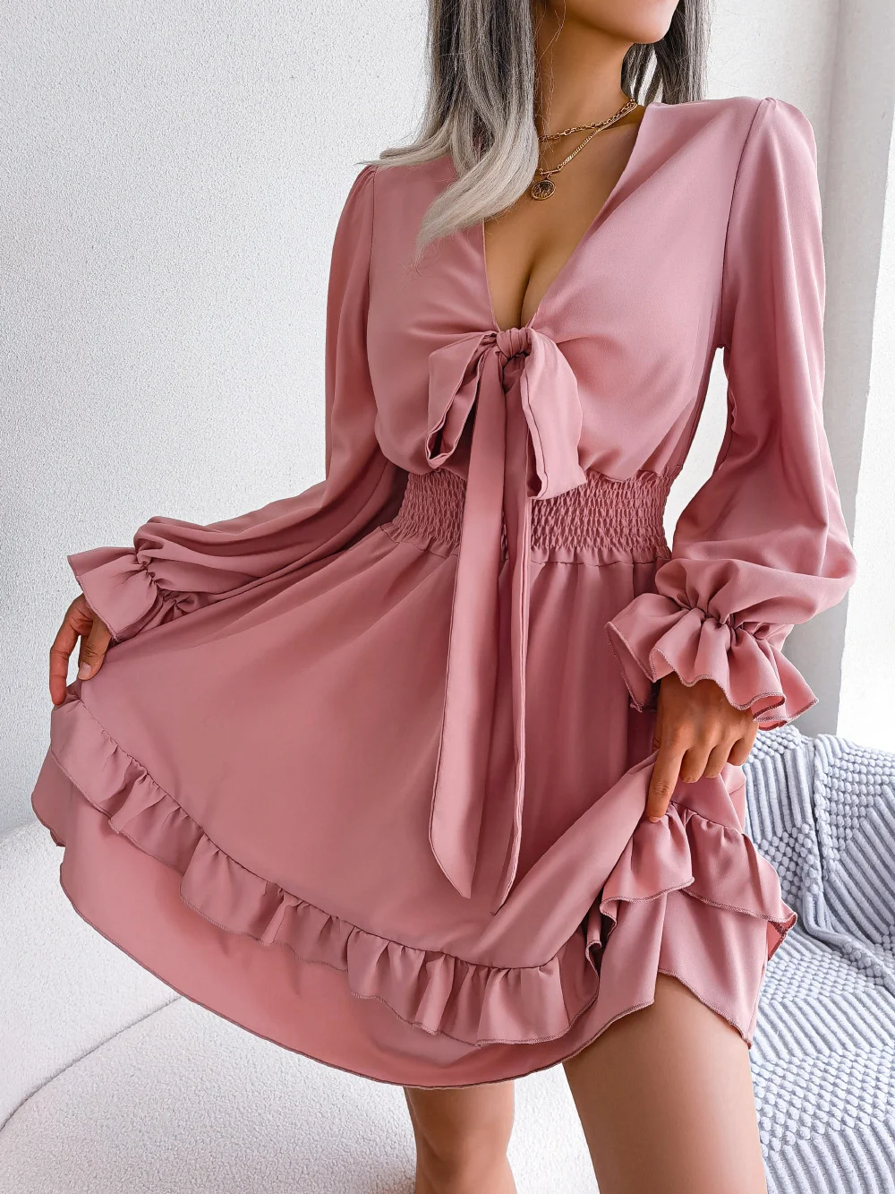 

SUJYing New Fashion Spring And Summer 2023 Casual Tie Waist With Wooden Ear Edge Large Hem Dress For Women