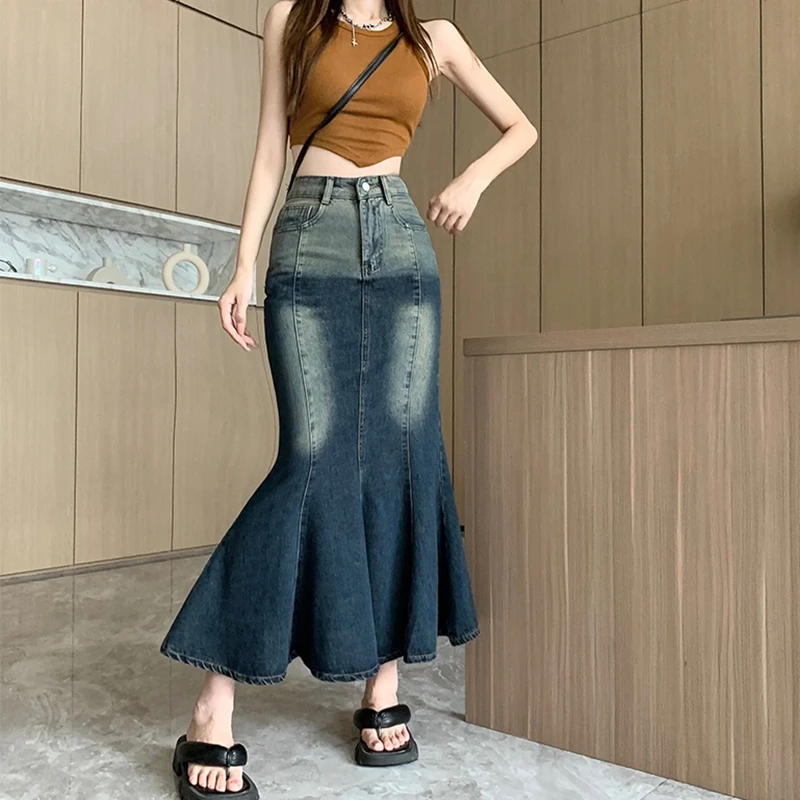 

Женская джинсовая юбка с оборками, белая джинсовая юбка с высокой талией, оборками и градиентом, 2023