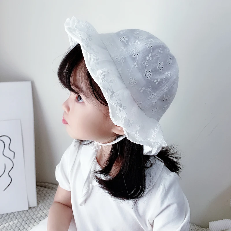 2022 Summer Children Bucket Hats White Embroidery Lace Baby Sun Hat Baby Girls Accessories Children Fisherman Cap Toddler Sunhat