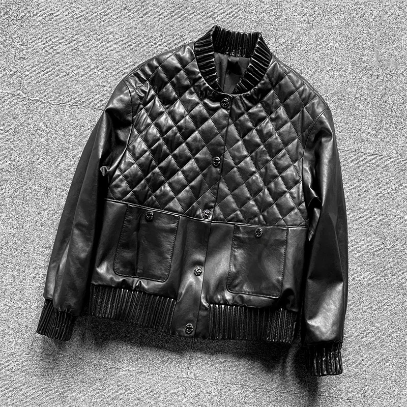 

Genuine leather jacket 2023 autumn/winter new fashion commuting style plaid design with snap closure and sheepskin top jacket