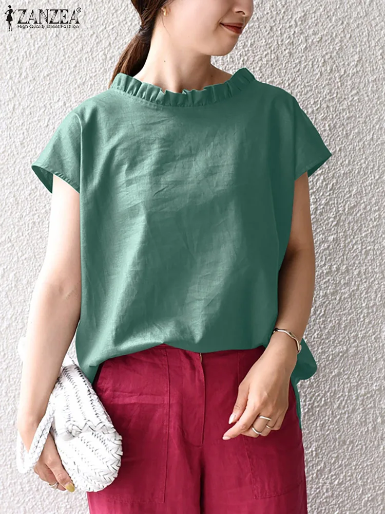 

2022 ZANZEA Solid Women Blouse Summer Short Sleeve O-Neck Cotton Tunic Kaftan Shirts Femme Fashion Casual Elegant Holiday Tops