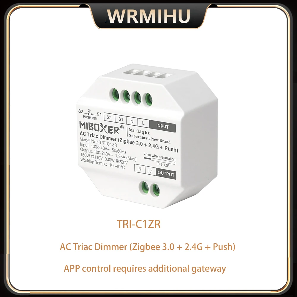 

MiBoxer TRI-C1ZR 110-240V ZigBee 3.0+2.4G RF Remote AC Triac Dimmer Push Switch Push Dimmer Support App /Voice Control