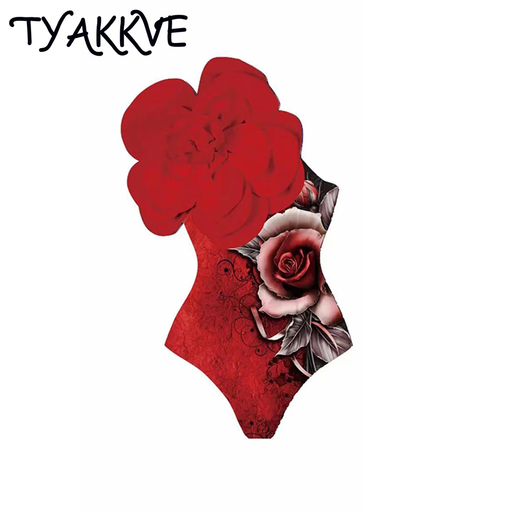 

TYAKKVE New 2023 Sexy 3D Flower Print One Piece One Shouer Bikini Set Swimwear Women Vintage Swimsuit Beach Summer Bathing Suit