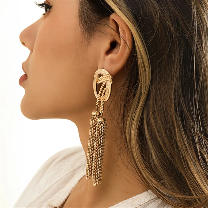 

Fashion Personality Temperament Long Tassels Chain Earrings Hyperbole Small Metal Stud Earrings Female Temperament