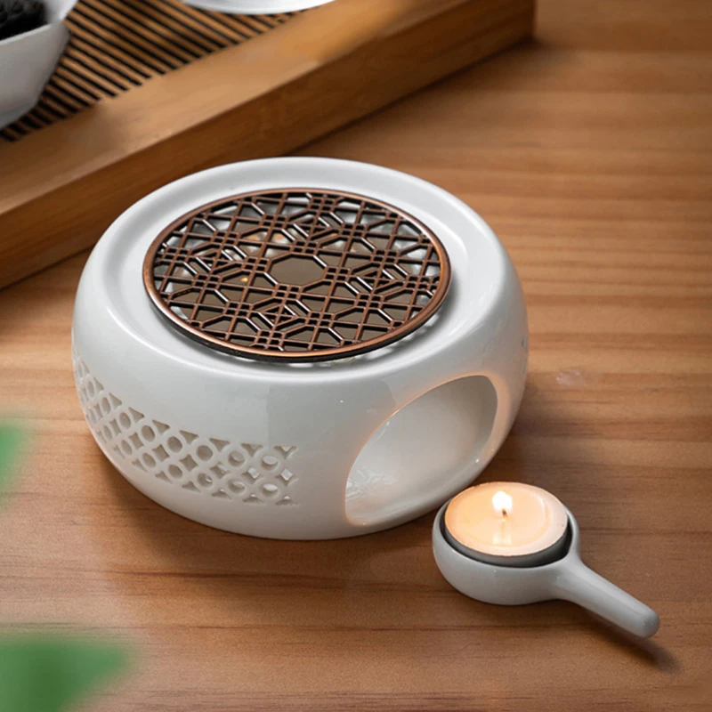 Heating Base Ceramic Teapot Warmer Tealight Furnace with Candle Tray Heater Trivet Dish Cup Heat Pot for Heating Coffee Milk Tea