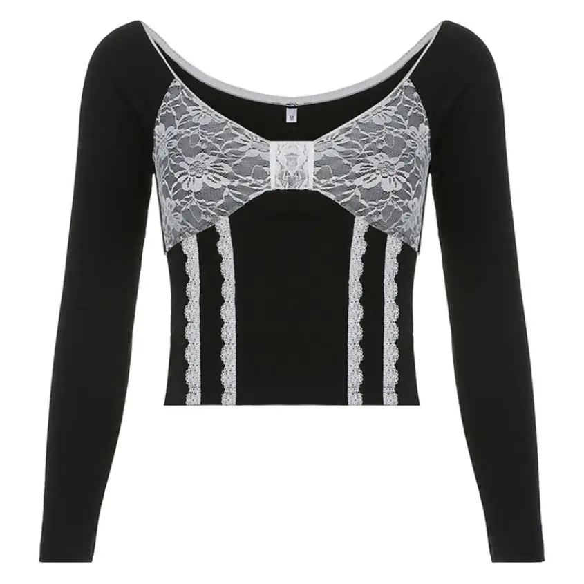 Женская Кружевная футболка повседневная Облегающая рубашка составного кроя с