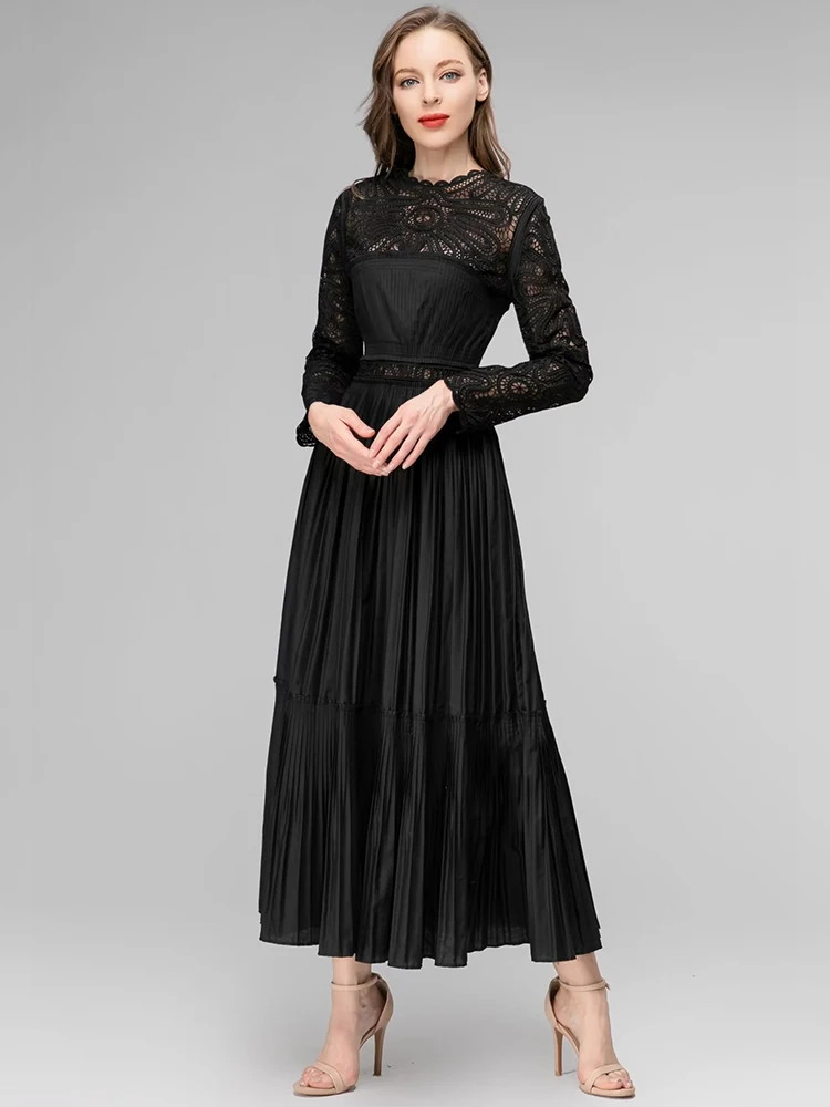 MoaaYina Fashion Runway dress Summer Woman's Dress Long Sleeve Lace Hollow Out Embroidery Black Pleated Dresses
