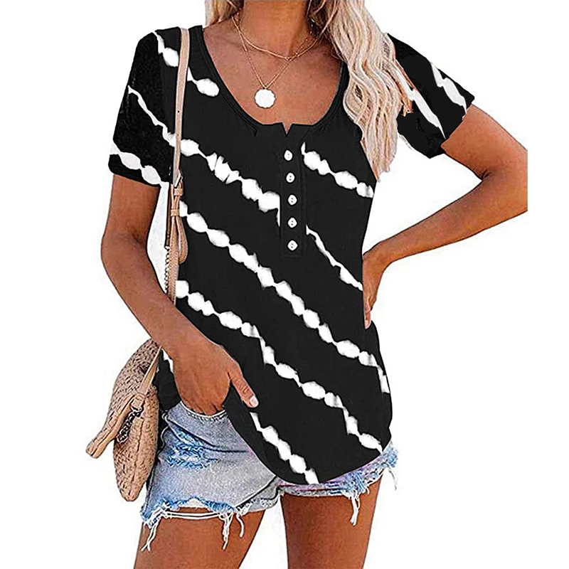 

5XL Striped Trend Casual Summer Clothes Print O-neck Tee Buttons Tops T Shirt Short Sleeve Fashion Women Clothing Graphic Shirts