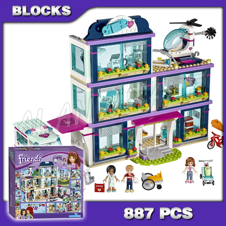 

887pcs Friends 3-story Modular Heartlake Hospital Ambulance Helicopter Nursery 10761 Building Blocks Toys Compatible With Model