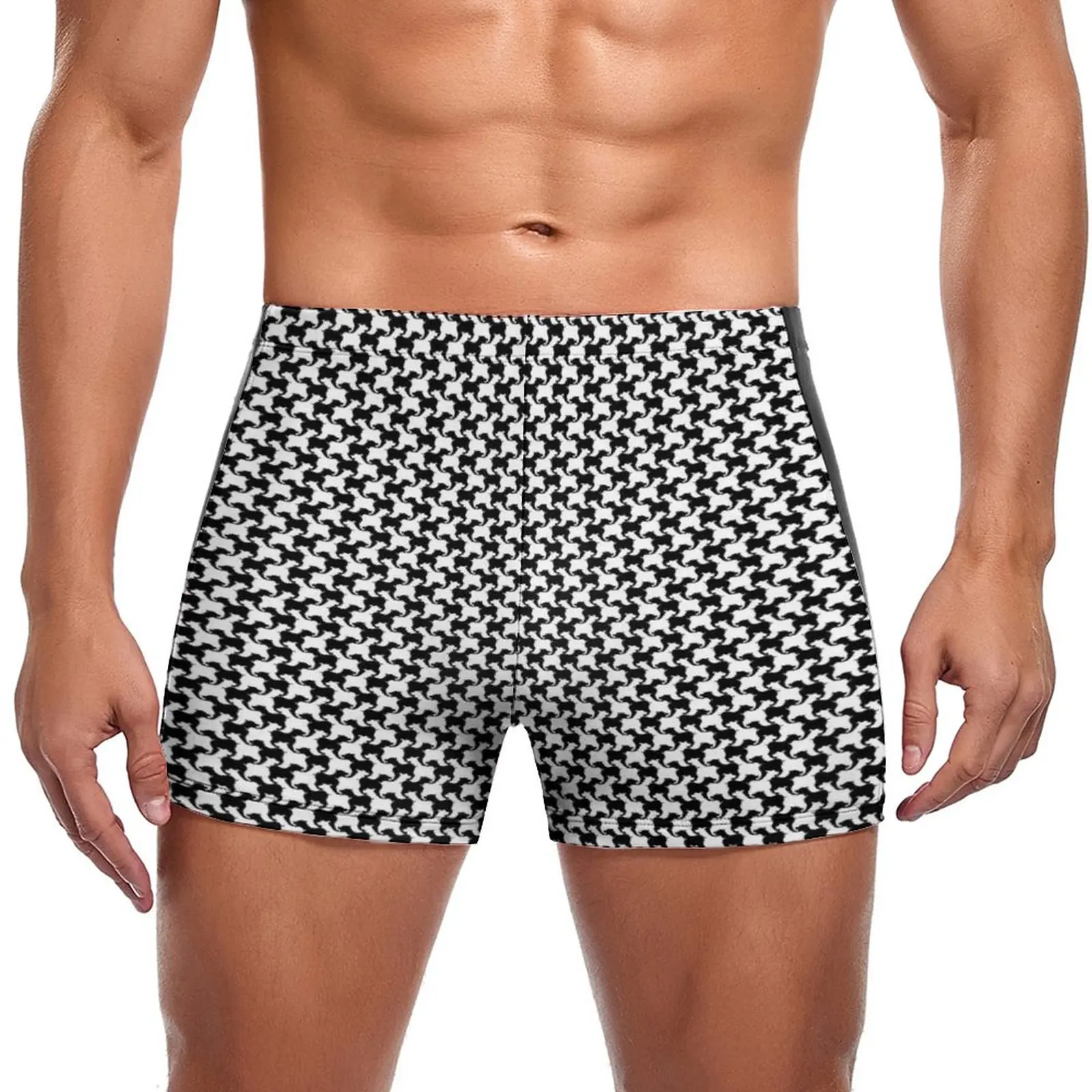 

Houndstooth With Dogs Swimming Trunks Black and White M Design Trending Pool Swim Boxers Push Up Stay-in-Shape Man Swimwear