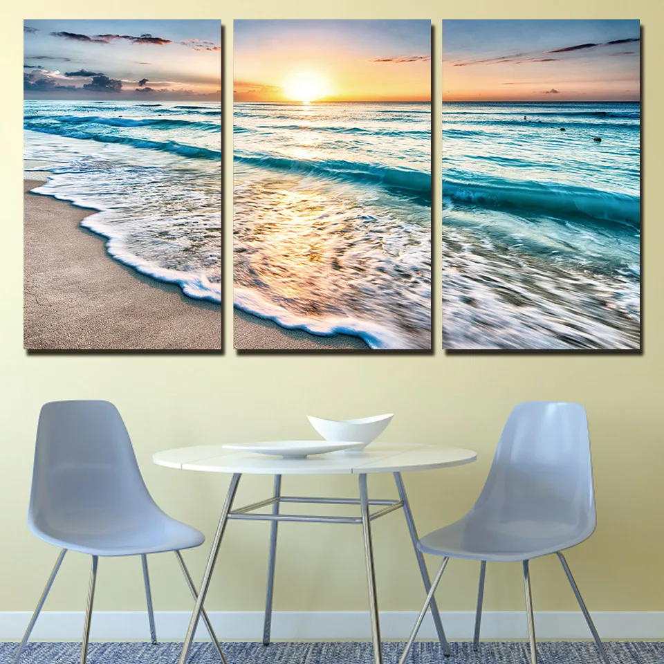 

HD Prints Canvas Living Room Wall Art Pictures 3 Pieces Beach Sea Waves Sunset Paintings Home Decor Framework Living Room Poster