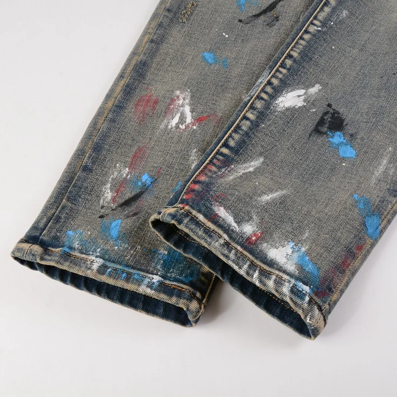 Men Light Blue Painted Steetwear Style Skinny Stretch Destroyed Holes Slim Fit High Street Graffiti Distressed Ripped Jeans