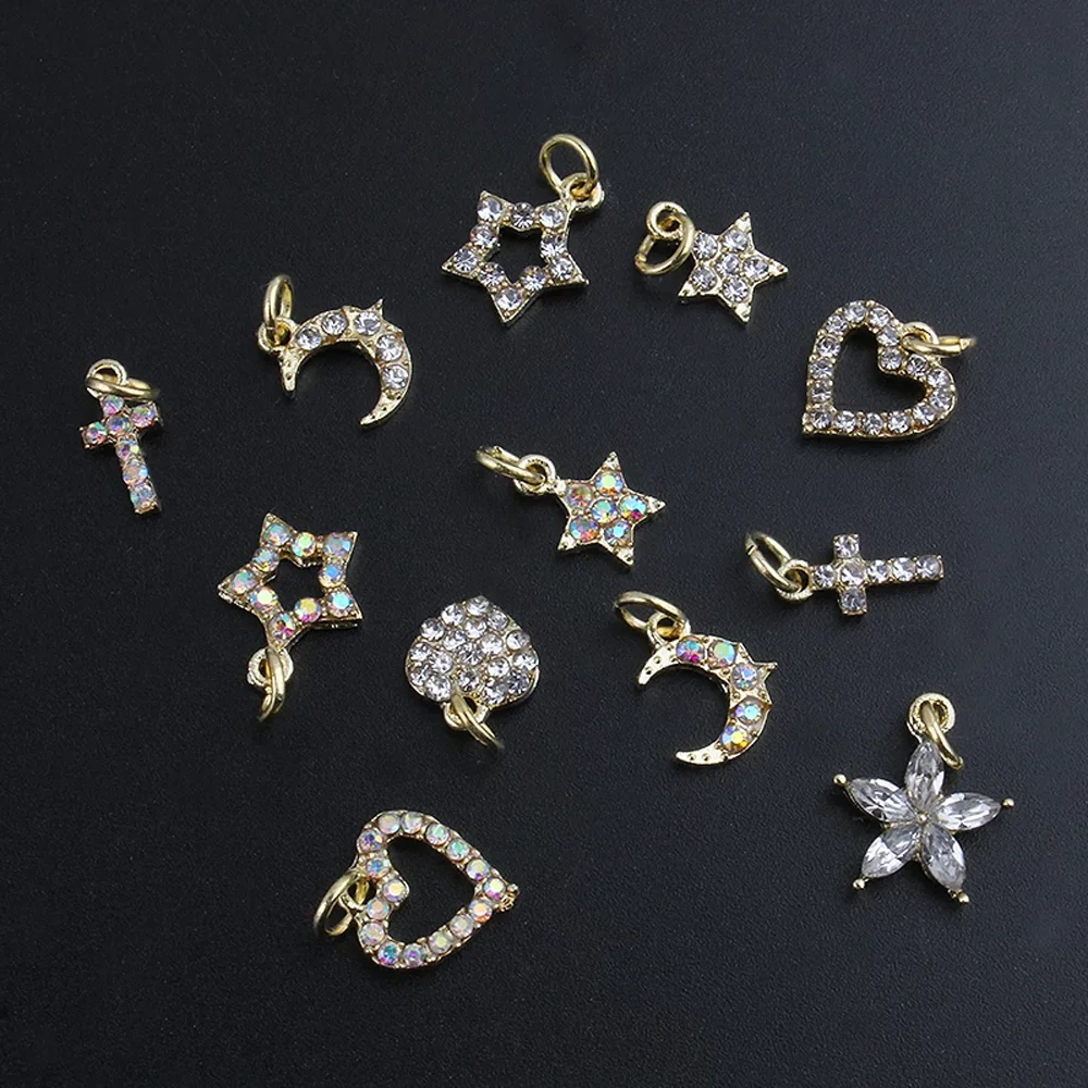 10Pcs Clear AB Hollow Dangle Golden Nail Charms Piercing Jewelry With Diamond Pearl Designer Nail Arts Hoop Pendants Ornament 8#
