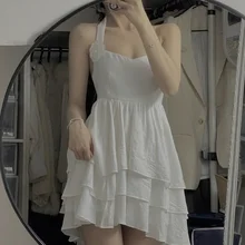 HOUZHOU – Mini robe blanche dos nu pour femmes, Sexy, élégante, Kawaii, col licou, sans manches, à volants irréguliers, style féérique, taille haute, style coréen  (1)