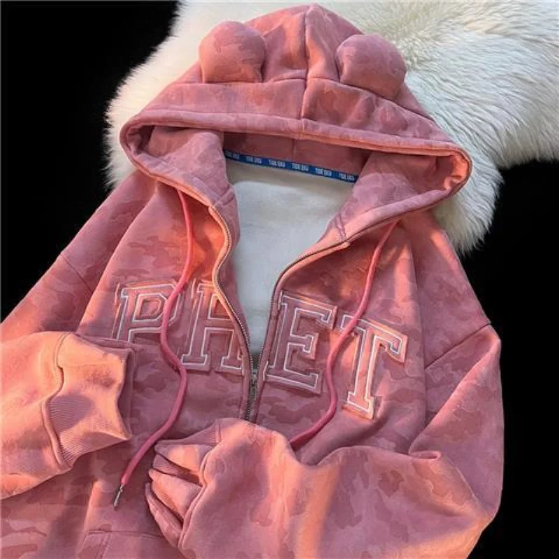 Pink American Tie-Dye Bear Ears Camouflage Hooded Sweater Men And Women Autumn And Winter New Hiphop Couple Cardigan Jacket Tops