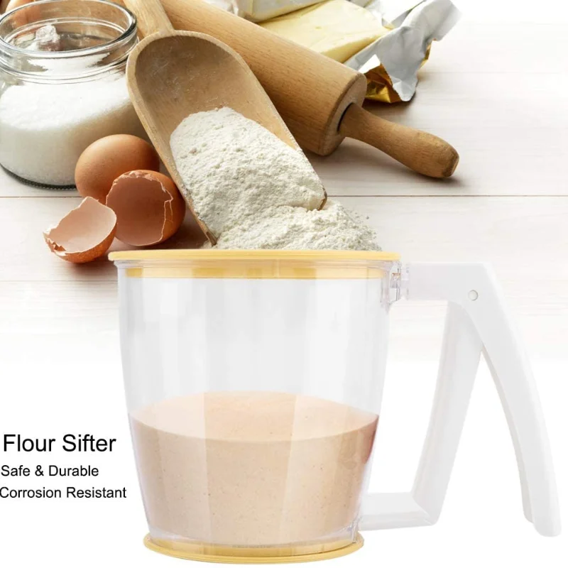

Handle Plastic Press Cup Shape Flour Sifter Strainer Sieve Filter With Lid Kitchen Hand-Pressed Separation kitchen accessories
