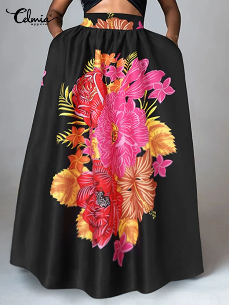 

Celmia элегантные пляжные юбки с цветочным принтом, повседневные свободные трапециевидные женские длинные юбки с высокой талией, богемные винтажные праздничные юбки-качели