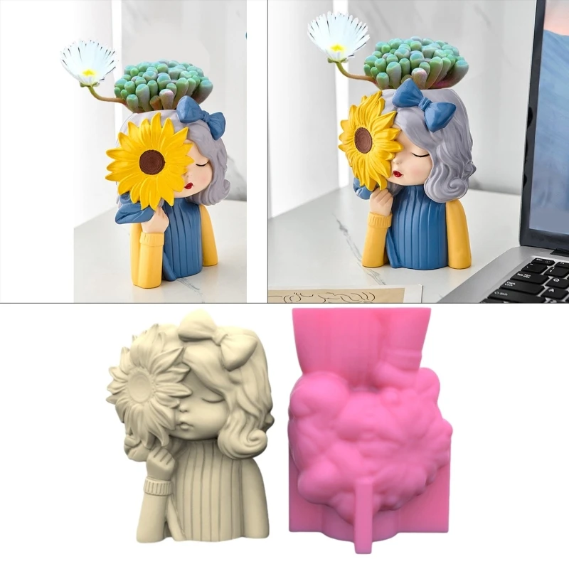 R3MC Girl Plaster Flower Pot Silicone Mold Succulent Planter