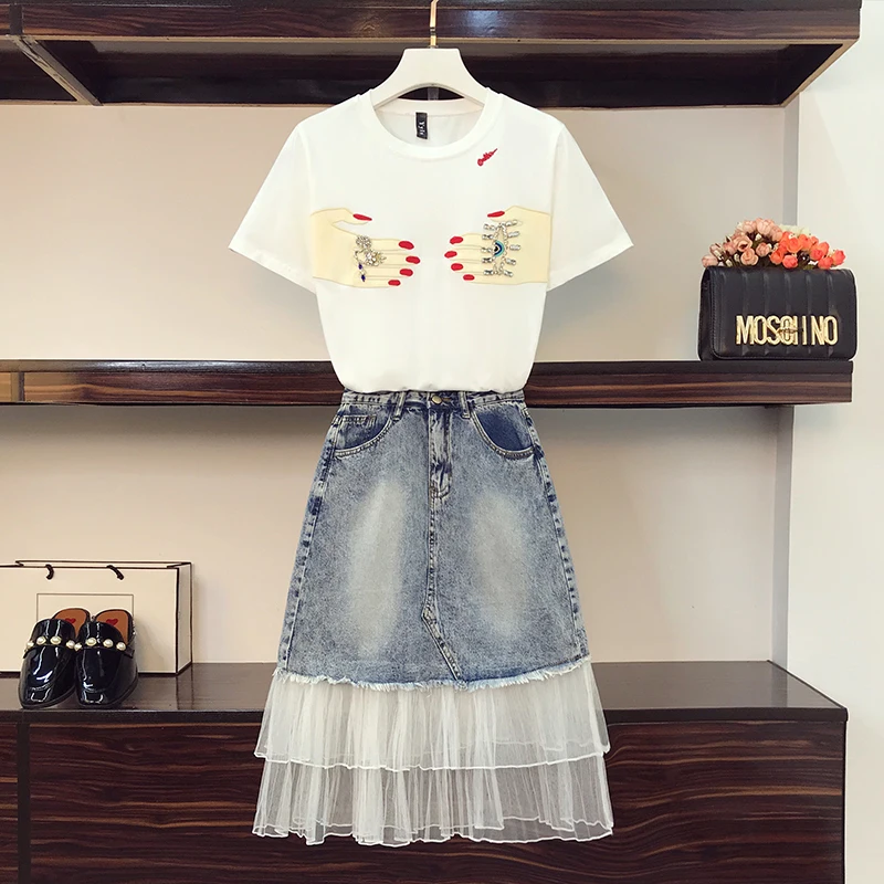 

2022 New Summer Fashion Women's Sets Diamond Short Sleeve White Tshirts+Mesh Patchwork Skirts Suit Elegant Students Suits cloth