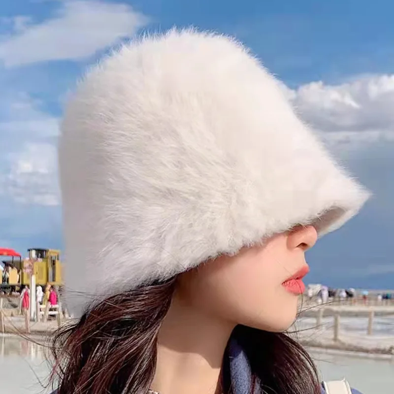 Панама женская из меха кролика модная однотонная шапка рыбака плюшевая для
