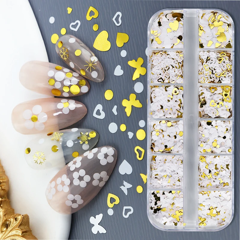 

White And Gold Butterfly Love Flower Round Nail Sequins Valentine's Day nail jewelry Beauty Nail Decoration For Nail Tip Beauty