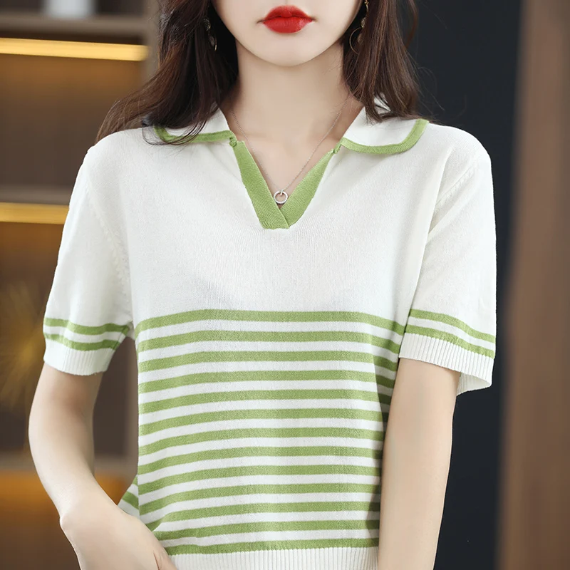 

LHZSYY Summer New Short-sleeved Polo Shirt Ice silk Sweater Women Thin Section Hollow Lapel Pullover Was Thin T-Shirt Stripes