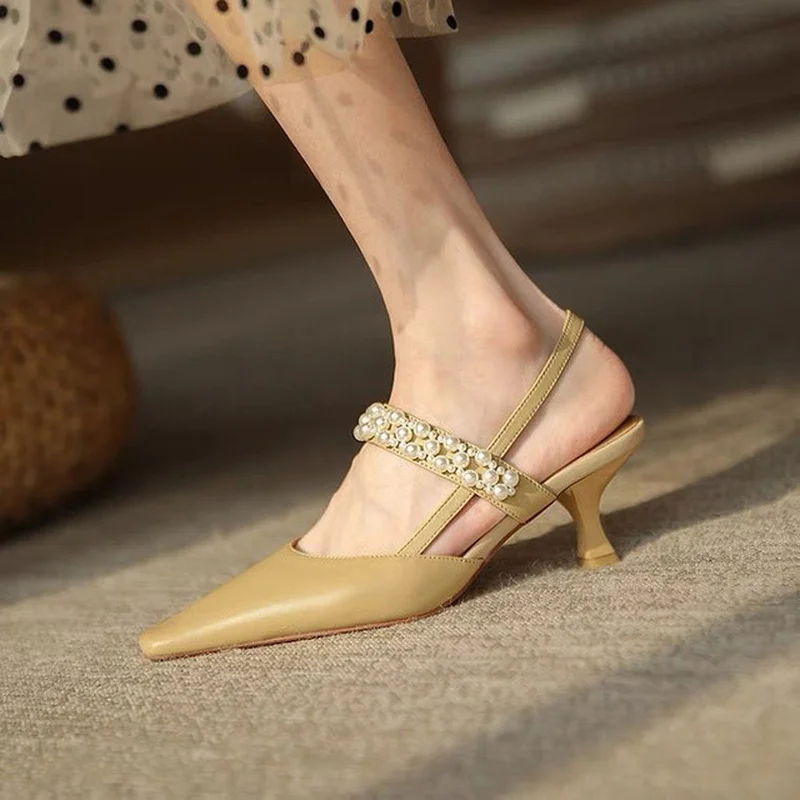 

2022 High Quality String Bead Shoes Women Slingback Heels Pumps Sexy Pointed Toe Stiletto Party Shoes for Women Low Heel Sandals