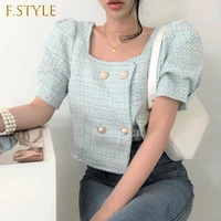 f girls women summer tweed coat french temperament top 2022 new square collar pearl double breasted loose puff sleeve coats