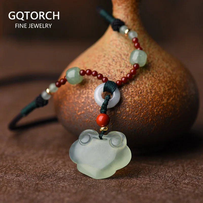 

Natural Jade Ethnic Jade Pendant Necklace for Women Vintage Fashion Luck Rope Chain Agate Bead Necklace