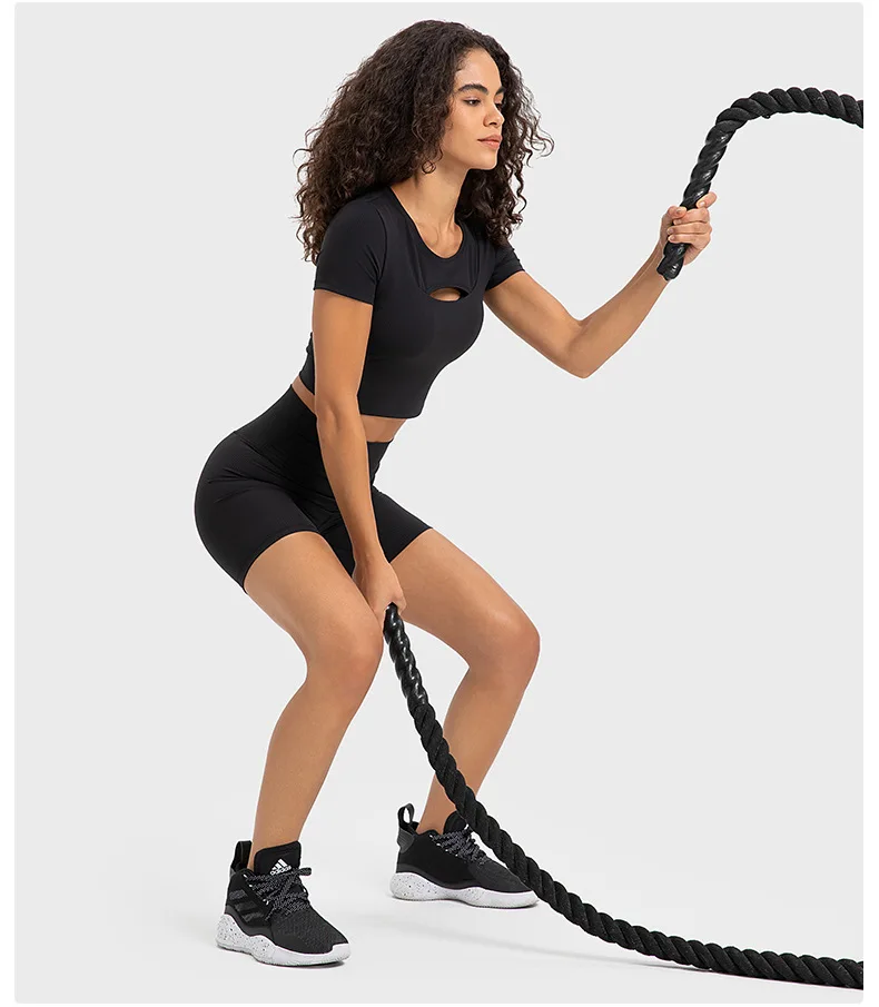 Women's Short Sleeve Top Shirts Gym Yoga Sport Womens Clothing Rib Fabric Crop Top T-shirts Outdoor Jogging Fitness Sportswear