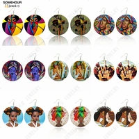 somehour african art drawings handmade wooden drop earrings afro ethnic combs headwrap printed tribal loops dangle for women
