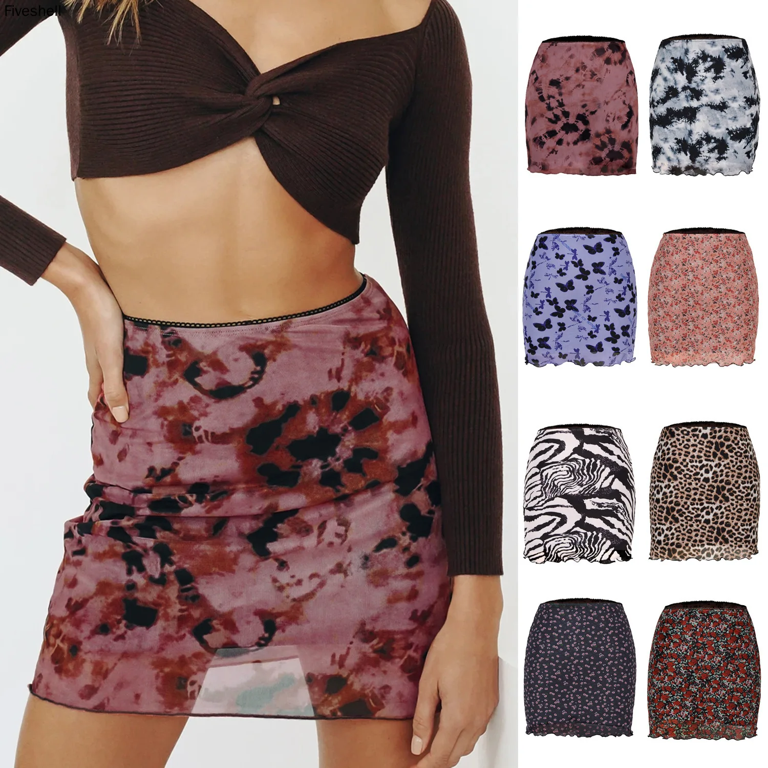 

2022 Hot Summer Women High-Waisted Tie Dye Mini Skirt A-Line Ruffles Leopard Vintage Sexy Package Hip Skirt