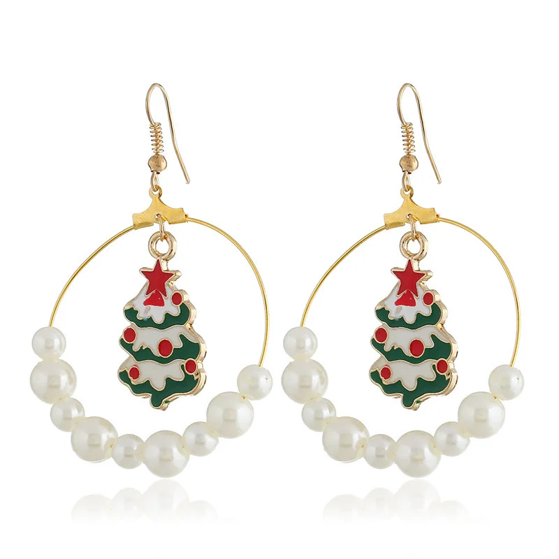 

New earrings oil dripping Christmas tree pearl circle big earrings