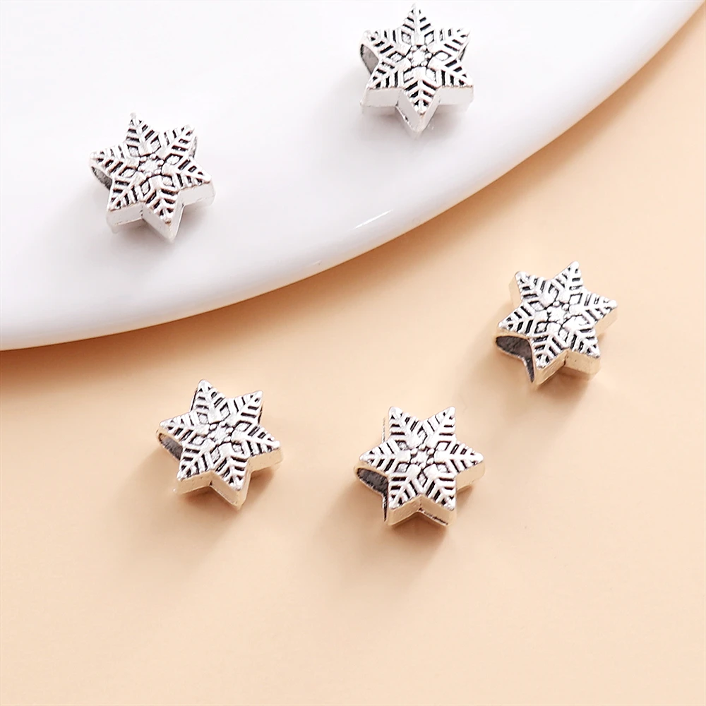 

Wholesale Bulk 80PCS Vintage Silver Big Hole Beads Snowflake Accessories for Women's Pandora Charm Bracelet Jewelry Making