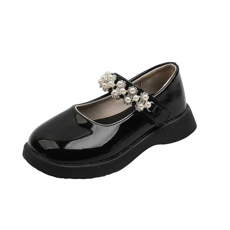 

CUZULLAA Children Girls Breathable Hook & Loop Leather Shoes For Kids Girls Elegant Pearl Beading Flats Size 26-36