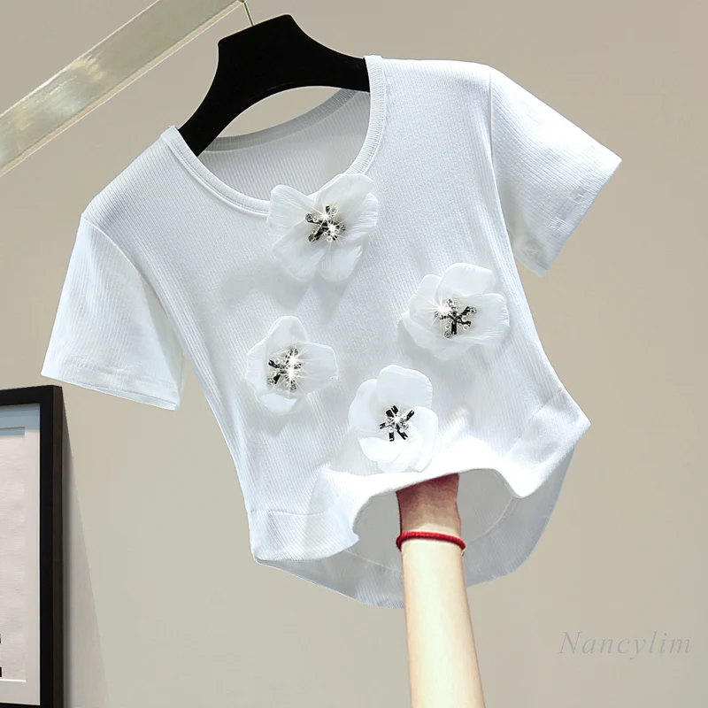 

2022 Korean Style High Waist Short Flower Ice Silk Knit T-shirt for Women Summer Beads Rhinestones Short Sleeve Stretch Tee Tops