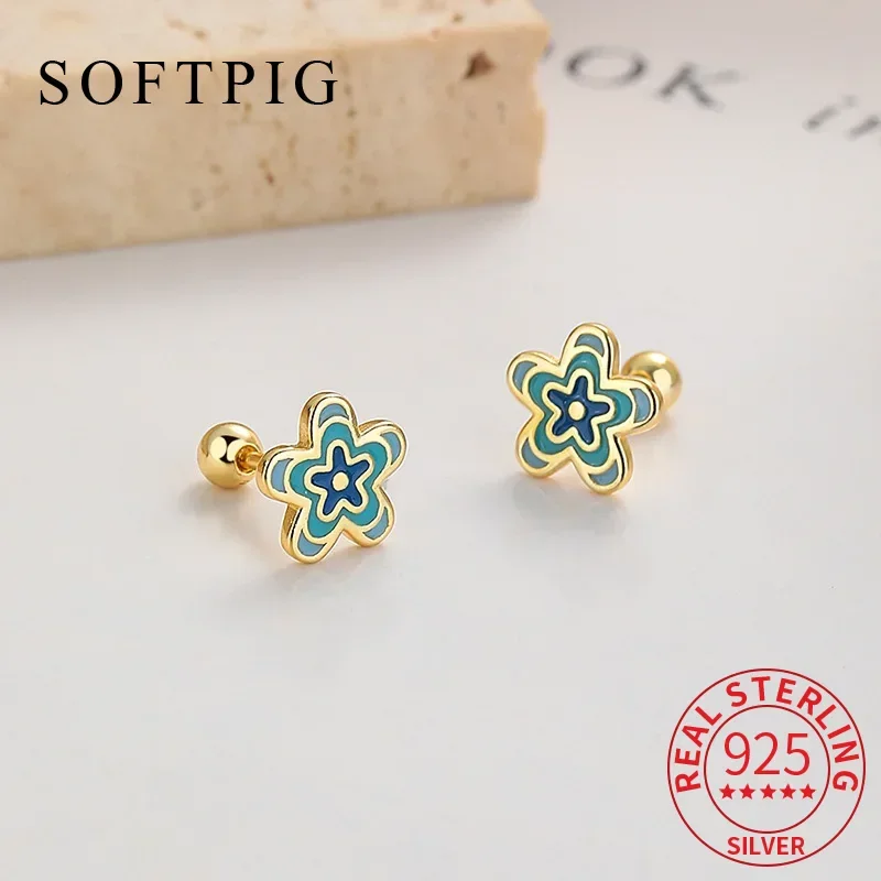 SOFTPIG настоящее серебро 925 пробы со звездой и цветком серьги-винты для женщин