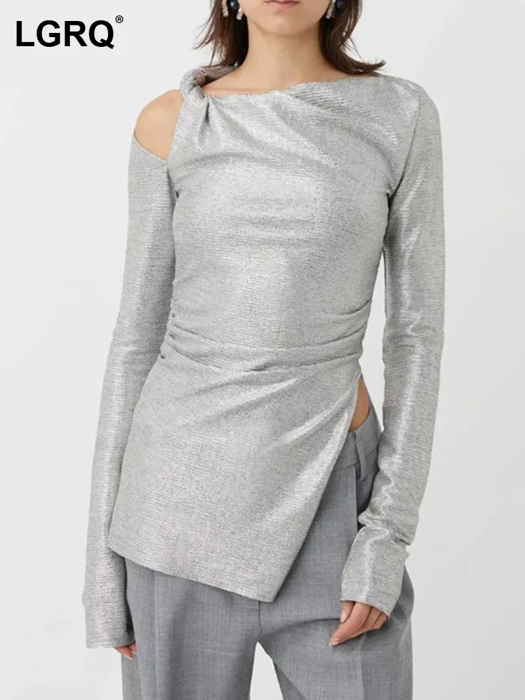

LGRQ 2023 Осенние новые модные повседневные косые плечи твист дизайн асимметричный разрез Топы Высокое качество футболка с длинным рукавом 19Z1151