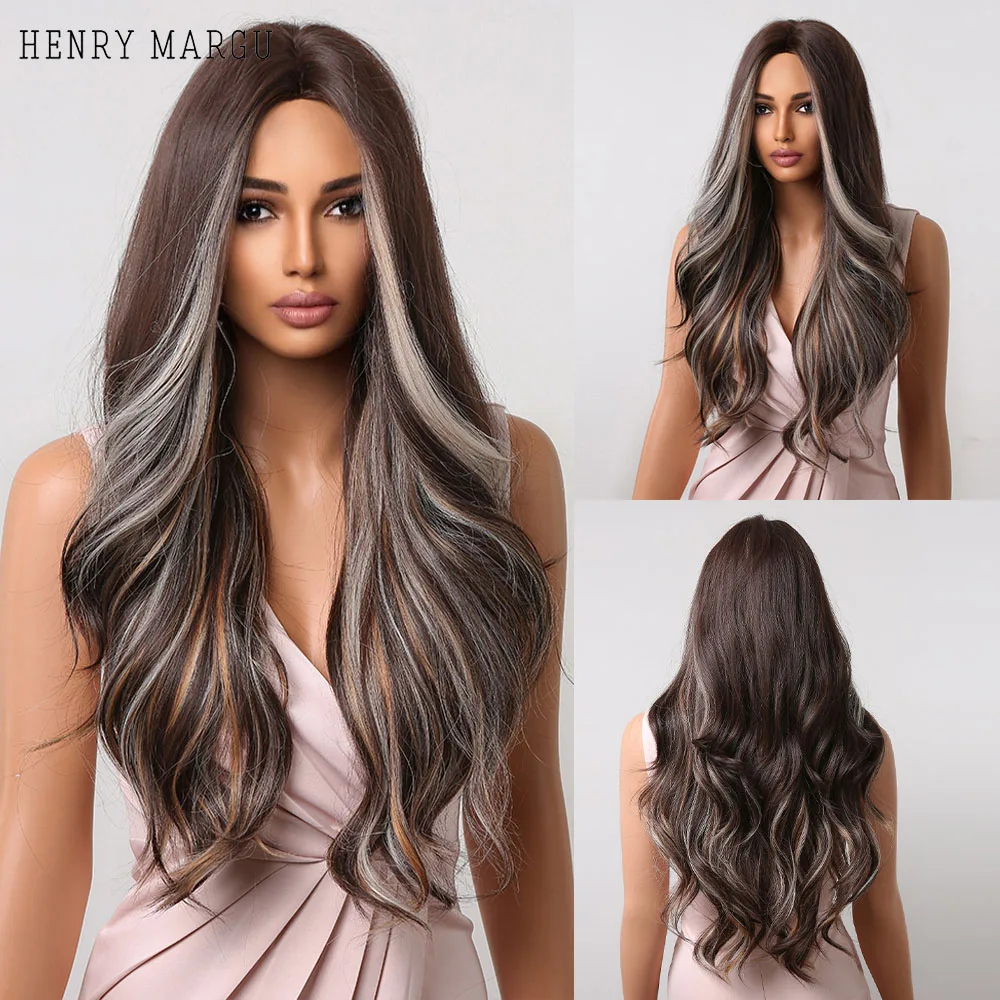 HENRY MARGU Dark Brown Mixed White Blonde Synthetic Wigs Long Wavy Highlight Ombre Wig for Black Women Cosplay Hair Wigs