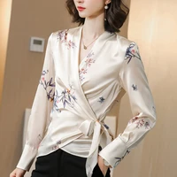 korean silk womens blouses woman satin print shirt women long sleeve belt ladies tops elegant woman floral v neck blouse shirts
