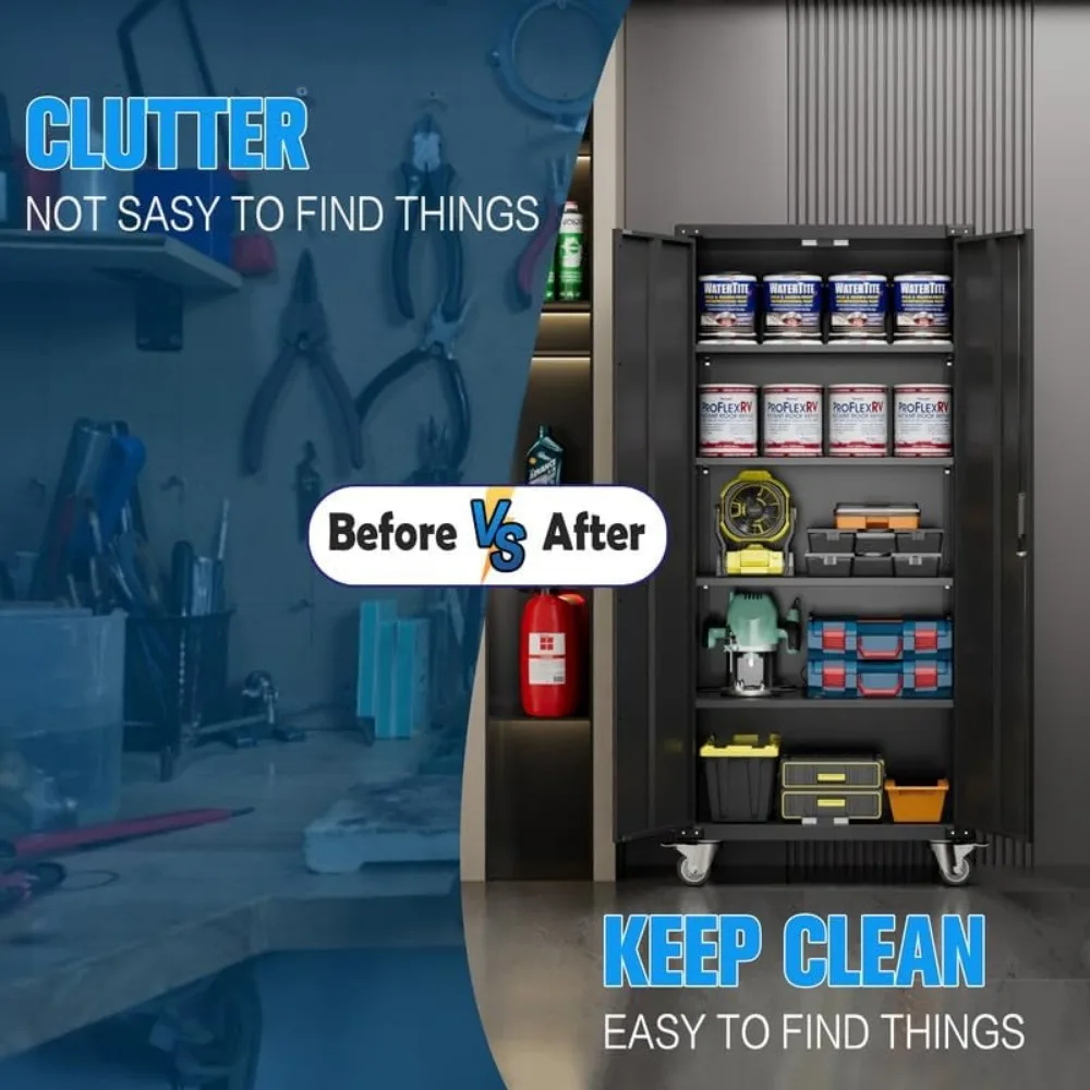 Гаражный шкаф для хранения на колесах металлический H 72 дюйма с 2 дверцами и 4