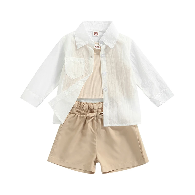 

Toddler Girl 3Pcs Summer Outfits, Long Sleeve Sheer Shirt + Tank Tops + Shorts Set