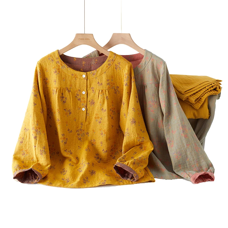 Pajamas Sets 2022 Autumn Cotton Gauze Jacquard Round Neck Small Floral Two-Color Pajamas Long Sleeve Trousers Women Sleepwear