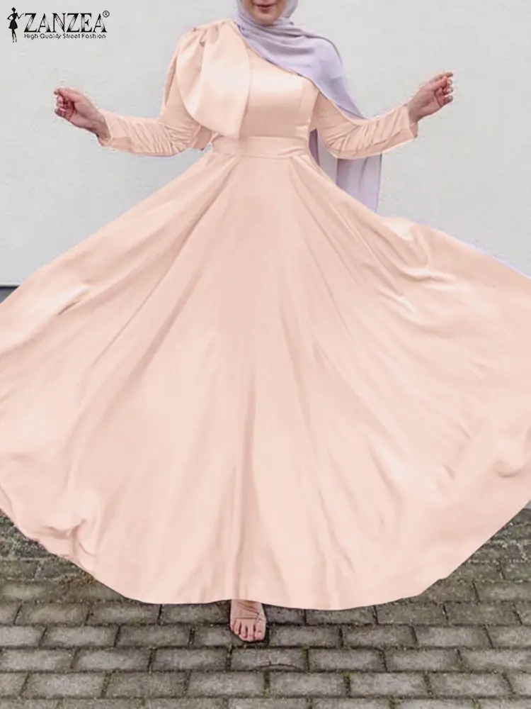 Коллекция 2022 года, стильный женский атласный сарафан ZANZEA, мусульманское платье с длинным рукавом, мусульманское платье, женское турецкое пл...