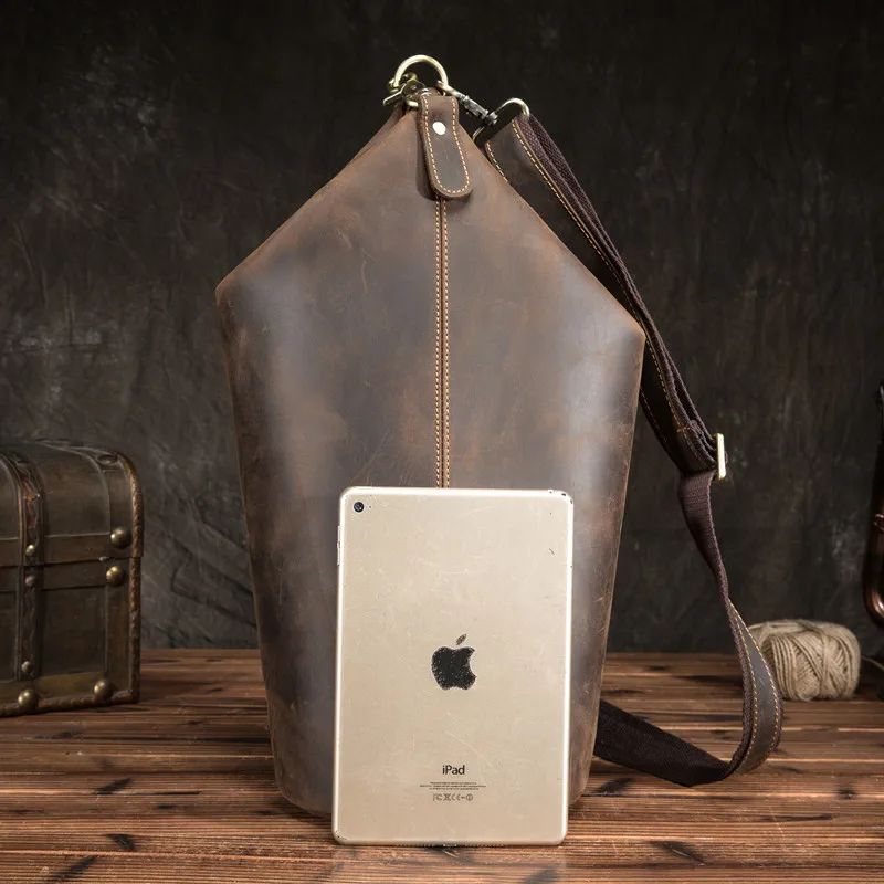 Vintage cylinder designer natural genuine leather men's chest bag fashion casual crazy horse cowhide shoulder crossbody bags