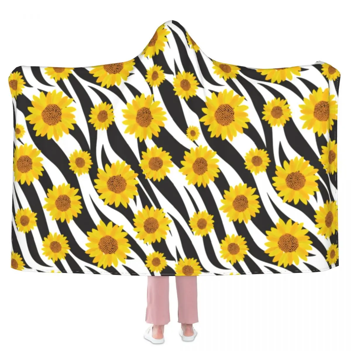 

Sunflower On Zebra Pattern Blanket Floral Animal Print Fleece Sleep With Hood Blanket Super Soft Cheap Novelty Bedspread