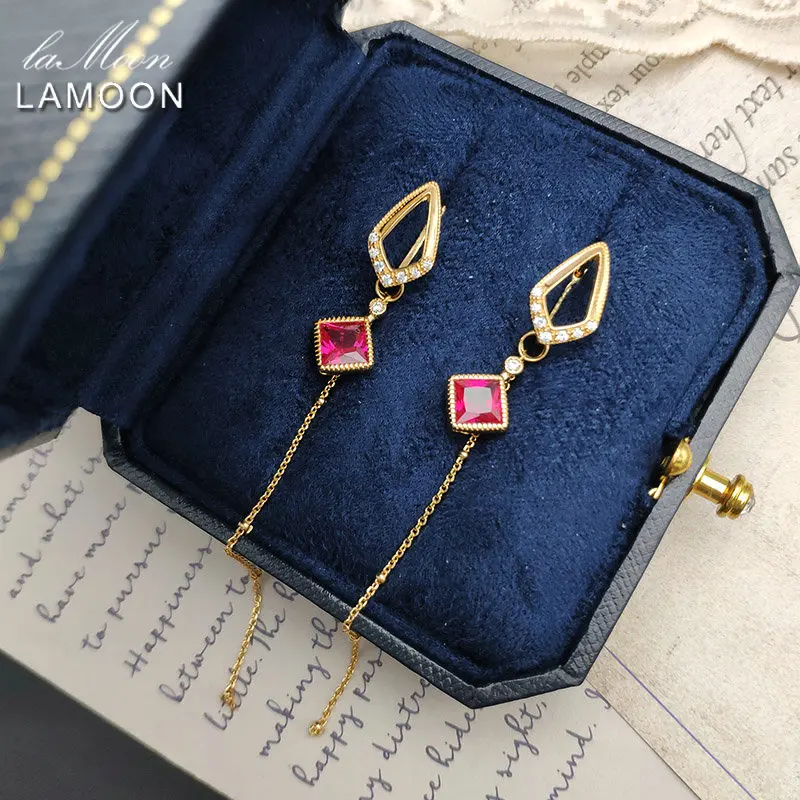 

Женские винтажные серьги-кисточки LAMOON, серьги из серебра 925 пробы с красным корундом и золотым покрытием, модные ювелирные украшения
